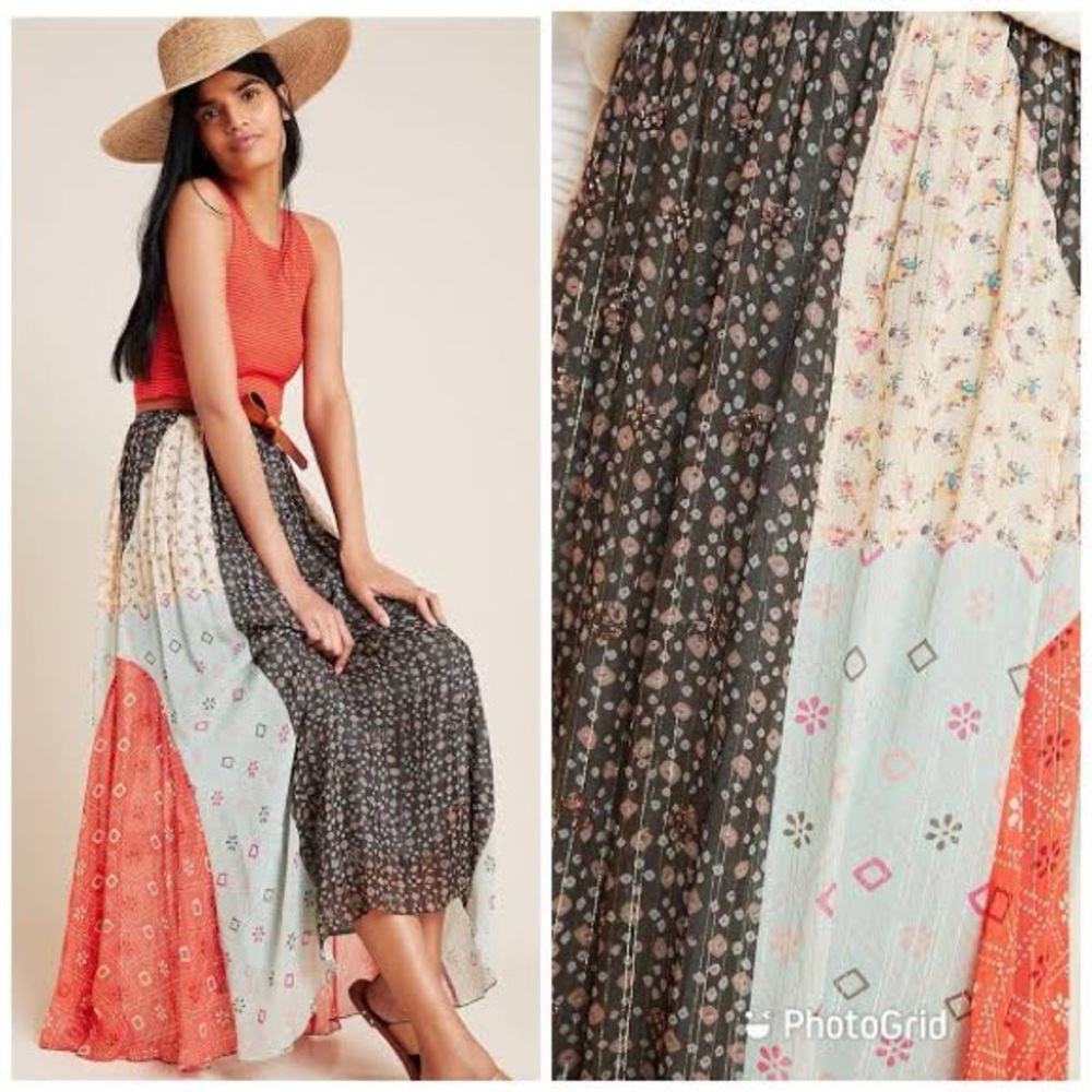 Anthropologie Bohemian Patchwork Maxi Skirt - Mixed Floral Print